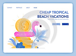 Travel website with the theme of cheap tropical beach vacation. enjoy holiday in excotic destination at best prices. Vector design