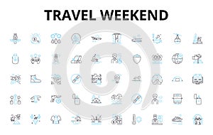 Travel weekend linear icons set. Escapade, Journey, Getaway, Excursion, Expedition, Trek, Adventure vector symbols and