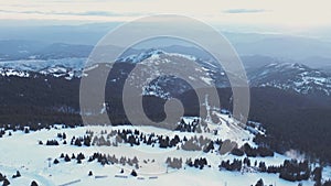 Travel and winter adventure concept. Aerial view of the ski resort. Kopaonik National Park, winter landscape in the