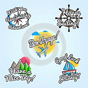 Travel wishes and greetings set. Vector illustration for touristic greeting cards, brochures, posters.