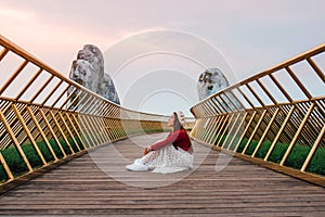 Travel woman at Golden Bridge in Ba Na Hills ,Danang Vietnam