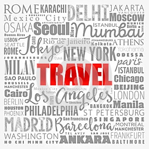 TRAVEL word cloud concept made with words cities names, business concept background