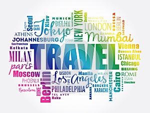 TRAVEL word cloud concept made with words cities names, business concept background