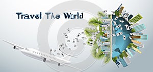 Travel The World - airplane and money,World,Cloud,money. - Building in the city -modern Idea and Concept - Vector