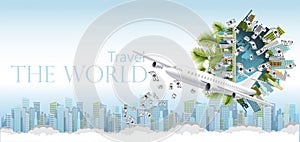 Travel The World - airplane and money,World,Cloud,money. - Building in the city -modern Idea and Concept - Vector