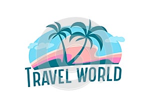 Travel World Icon or Label with Palm Trees, Clouds and Island for Traveling Agency Service or Mobile Phone Application