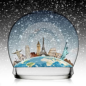 Travel the world monument snowball concept