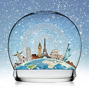 Travel the world monument snowball concept