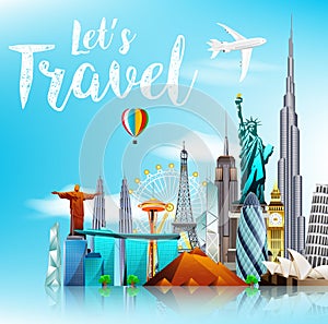 Travel the world monuments concept on blue skyline background