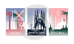 Travel the World Poster with Paris, Barcelona and Istanbul City View Vector Set