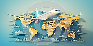 Travel the world. Travelling by plane. Airplane on a world map