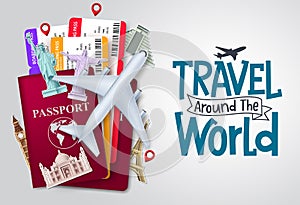 Travel world vector background design. Travel around the world text with traveler passport