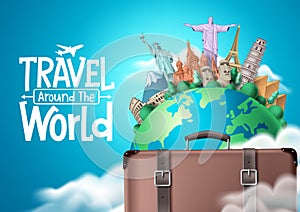 Travel the world vector design. Travel around the world text with traveler suitcase elements