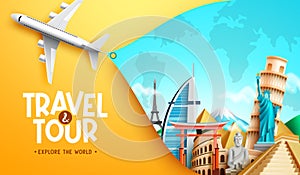 Travel worldwide vector concept design. Travel and tour text with 3d airplane and international destination landmark for explore.