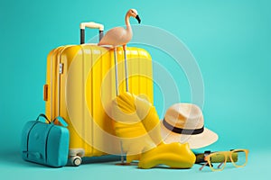 travel yellow background flamingo concept suitcase sunglasses summer party blue vacation. Generative AI.