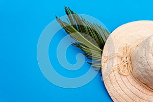 Traveler accessories, tropical palm leaf branches on blue background with empty space for text. Travel vacation concept. Summer