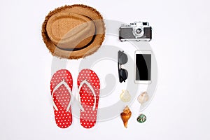 Traveler accessories on white background.