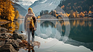 Traveler Admiring Autumn Lake Beneath Majestic Snow-Capped Mountains GenerativeAI