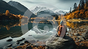 Traveler Admiring Autumn Lake Beneath Majestic Snow-Capped Mountains GenerativeAI