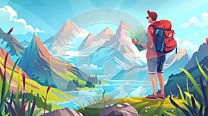 Traveler on an adventure trip looking at a beautiful mountain landscape, cartoon modern illustration. Traveler is hiking