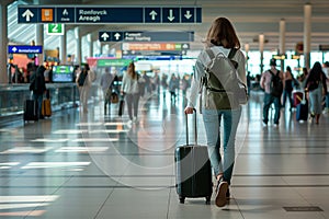 Traveler at airport with rolling suitcase