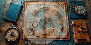 Traveler background with a variety of geographical elements, such as cards, compasses and vintage photo