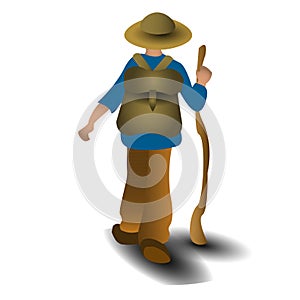 traveler with a backpack.a tourist walks with a stick through the forest. mountains. vector flat illustration of a man