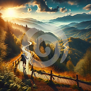 Traveler with backpack walking on the path in the mountains. Artistic style.