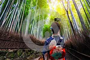 Traveler in Bamboo Forest Grove, Kyoto, Japan