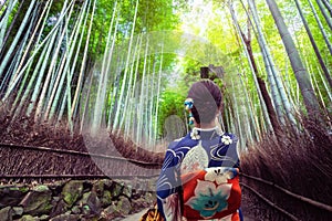 Traveler in Bamboo Forest Grove, Kyoto, Japan