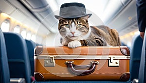 Traveler cat at airport, private jet awaits. Cat adorned with stylish hat sits atop suitcase, evoking sense of