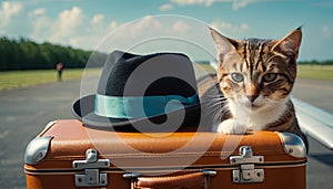 Traveler cat at airport, private jet awaits. Cat adorned with stylish hat sits atop suitcase, evoking sense of