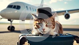 Traveler cat at airport, private jet awaits. Cat adorned with stylish hat sits atop suitcase, evoking sense of