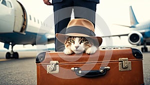 Traveler cat at airport, private jet awaits. Cat adorned with stylish hat sits atop suitcase, evoking sense of