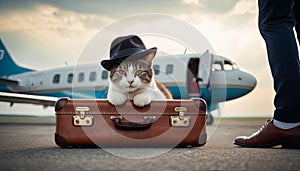 Traveler cat at airport, private jet awaits. Cat adorned with stylish hat sits atop suitcase, evoking sense of