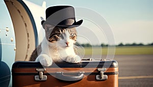 Traveler cat at airport, private jet awaits. Cat adorned with stylish hat sits atop suitcase, evoking sense of