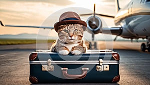 Traveler cat at airport, private jet awaits. Cat adorned with stylish hat sits atop suitcase, evoking sense of