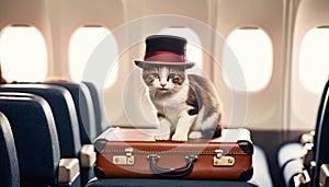 Traveler cat at airport, private jet awaits. Cat adorned with stylish hat sits atop suitcase, evoking sense of