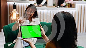 Traveler checking isolated greenscreen template on tablet