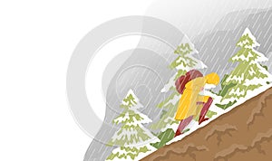 Traveler climbs on the mountains in bad weather. Cartoon vector illustration