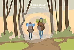 Traveler Couple Hikers With Rucksack Rear View Nature Background