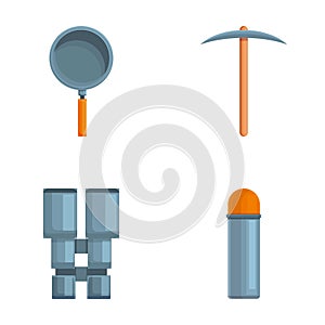 Traveler equipment icons set cartoon vector. Various tool for travel