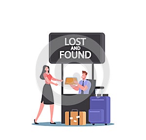 Traveler Female Character Claim her Bag in Lost and Found Luggage Office in Airport. Happy Passenger Lose Baggage