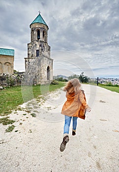 Traveler at Gelati cathedral in Kutaisi