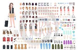 Traveler girl constructor or DIY kit. Bundle of female tourist body parts, postures, clothing, touristic equipment