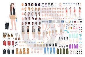 Traveler girl constructor or DIY kit. Bundle of female tourist body parts, postures, clothing, touristic equipment photo