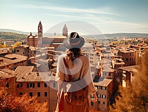 Traveler girl on iron bridge looking historic buildings in city centre of Italian old city.