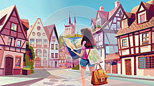 Traveler girl learning map search in foreign antique city with half-timbered buildings. Tourist woman summer vacation