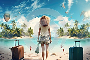 Traveler girl with suitcase on the beach. Travel and vacation concept, rear view of Happy travel woman on vacation concept, AI