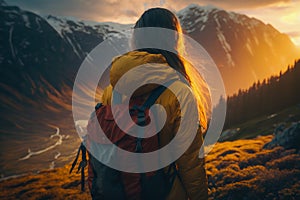 Traveler hiker camper woman wearing Big Trekking Backpack. Viewed from the back. Mountains landscape. Hiking, trekking